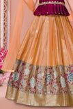 Maroon And Peach Silk Pattu Pavadai with Puff Sleeves For Girls
