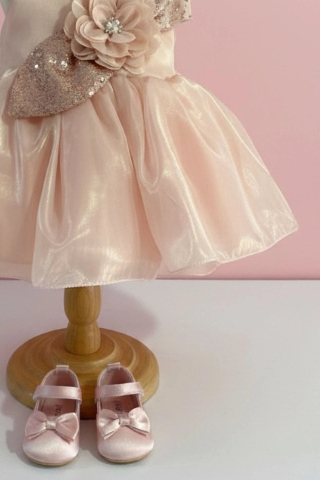 Peach Shimmer Party Frock with Sequin Floral Bow for Girls