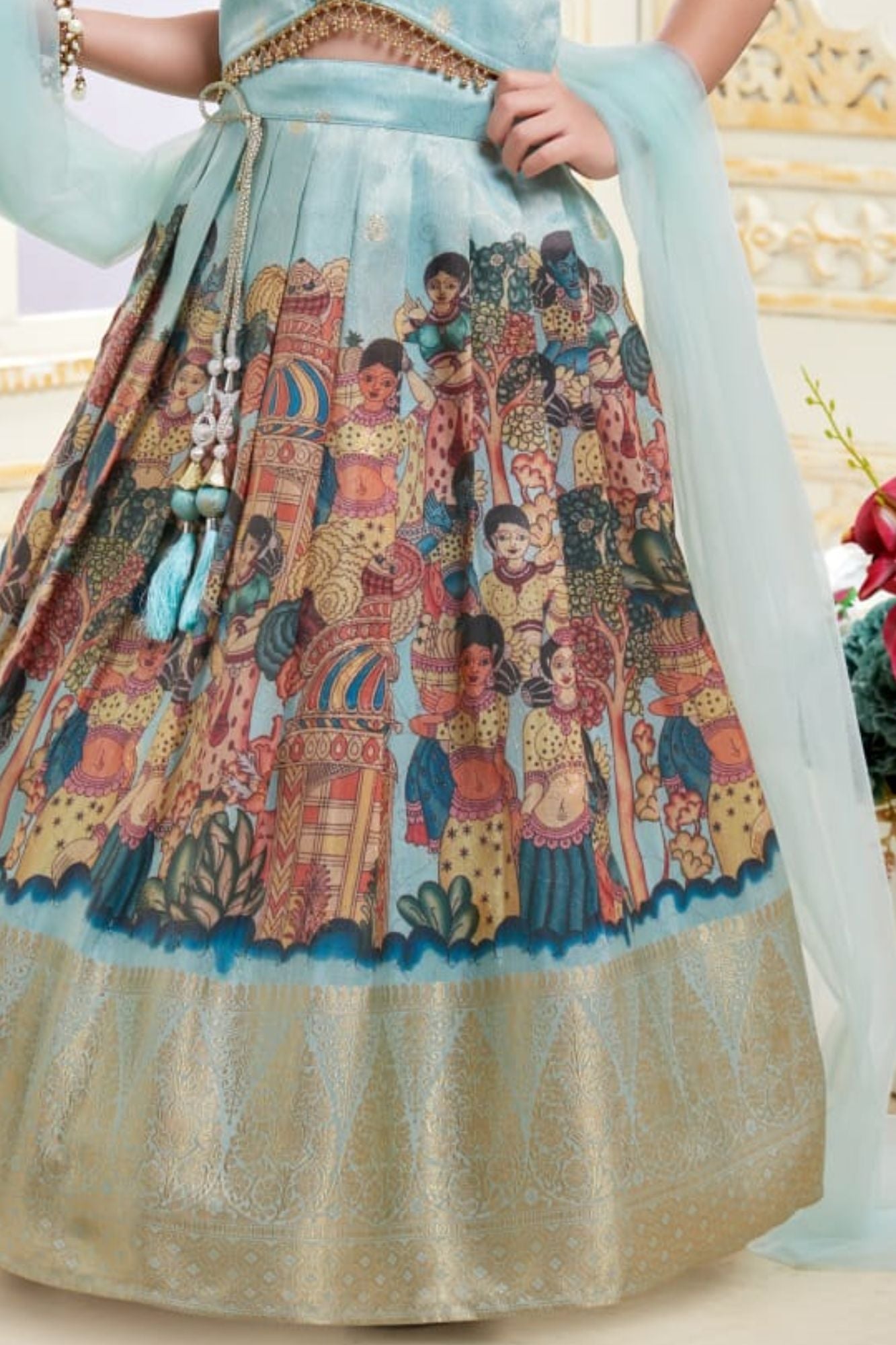 Aqua Blue with Multicolor Folk Print Lehenga Choli for Girls