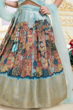Aqua Blue with Multicolor Folk Print Lehenga Choli for Girls