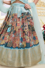 Aqua Blue with Multicolor Folk Print Lehenga Choli for Girls