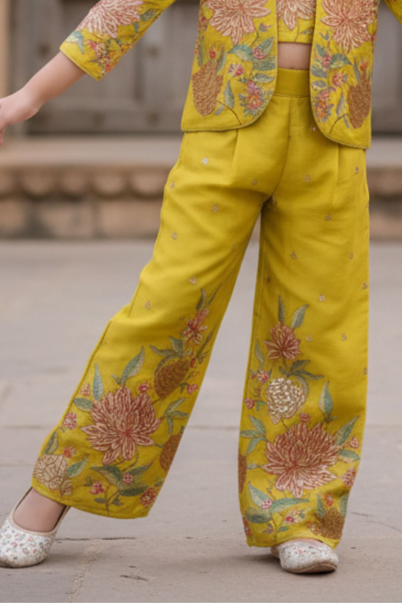 Golden Yellow Embroidered Ethnic Co-Ord Set With Jacket  For Girls