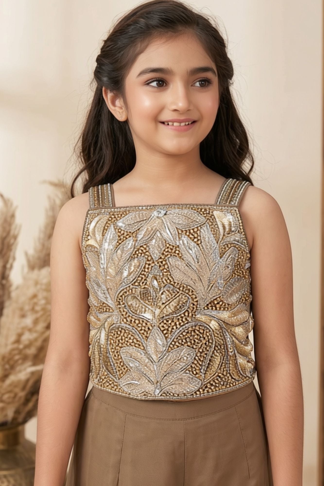 Mocha Brown Sequins And Bead Embroidered Top And Flared Palazzo Set For Girls