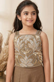 Mocha Brown Sequins And Bead Embroidered Top And Flared Palazzo Set For Girls