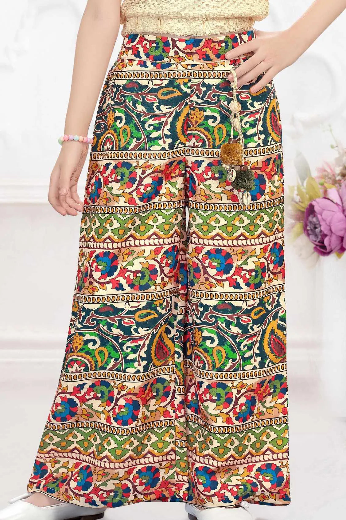 Cream Crochet Top With Multicolor Pants Set For Girls