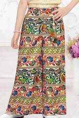 Cream Crochet Top With Multicolor Pants Set For Girls