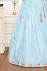 Sky Blue Embroidered And Mirror Work Lehenga Choli For Girls