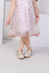 Stylish Peach Printed Frock With Tulle Layer For Girls
