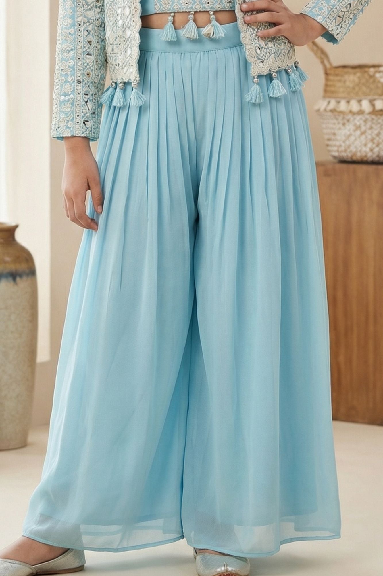 Blue Embroidered Palazzo Set With Mirror Work Jacket For Girls