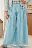 Blue Embroidered Palazzo Set With Mirror Work Jacket For Girls