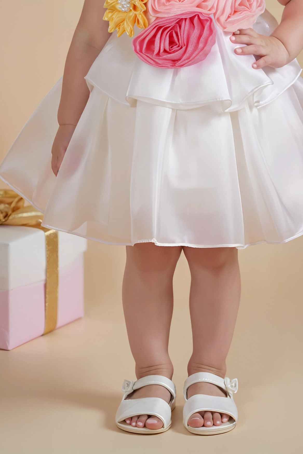 White Organza Party Frock With Oversized Floral Appliqué for Girls