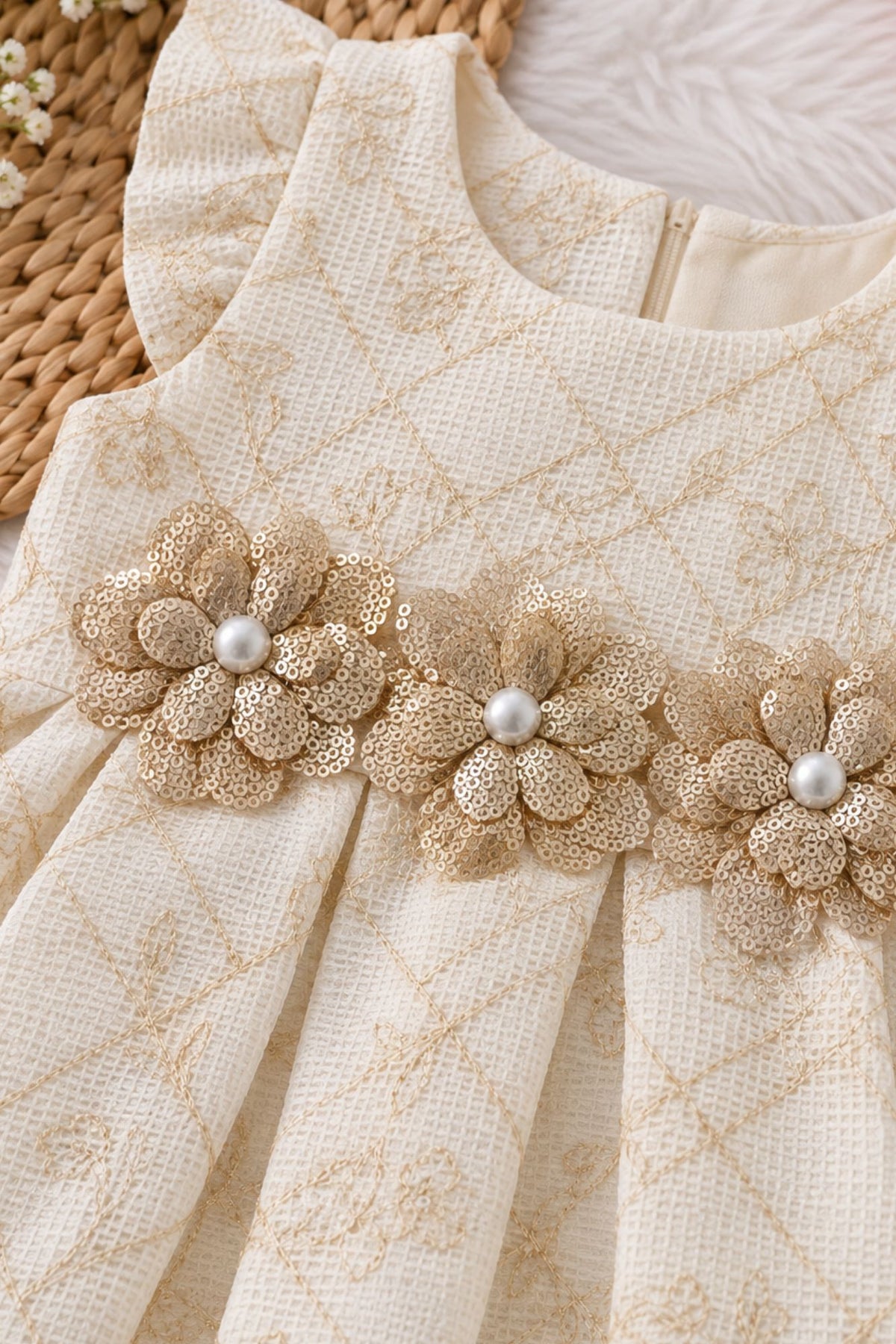 Girls Ivory Self-Embroidered Sequin Floral Yoke Frock