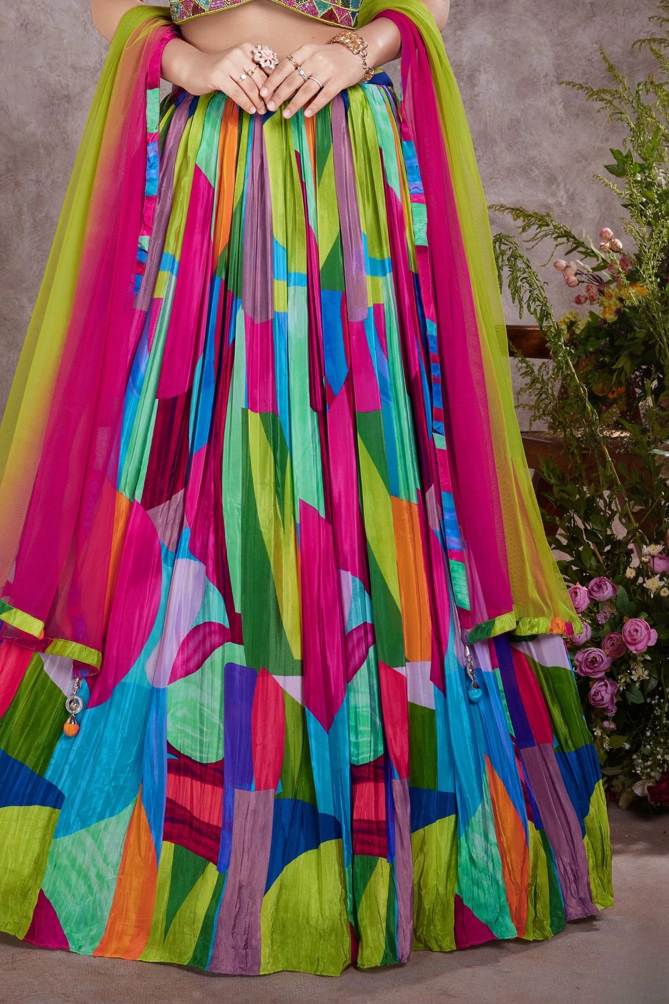 Multicolor Heavy Bead Embroidered Crop Top with Abstract Print Lehenga For Girls