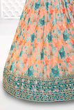 Peach Floral Printed Gown With Sequin Embroidery Work For Girls