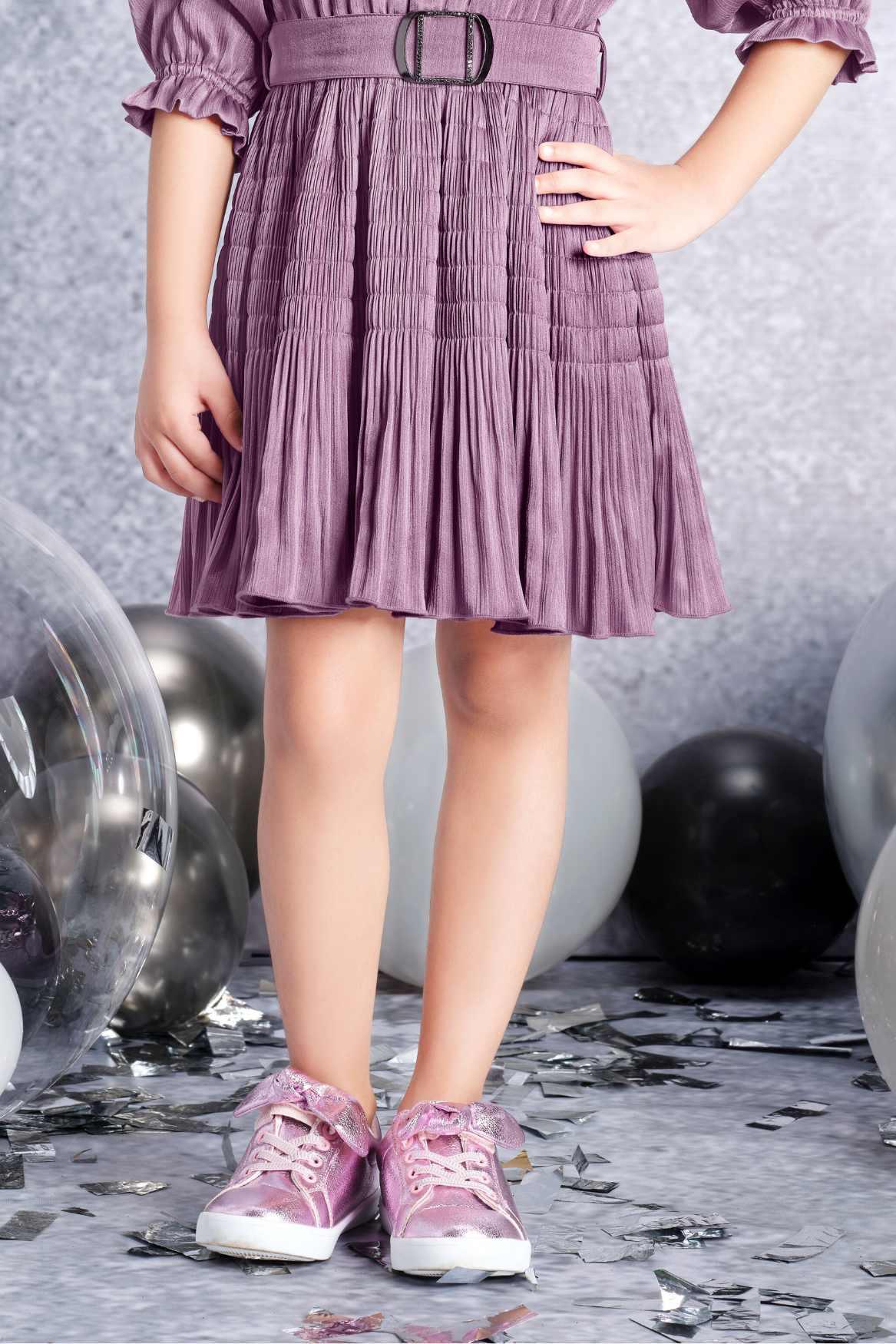 Stylish Mauve Crushed Dress With Waist Belt For Girls - Lagorii Kids