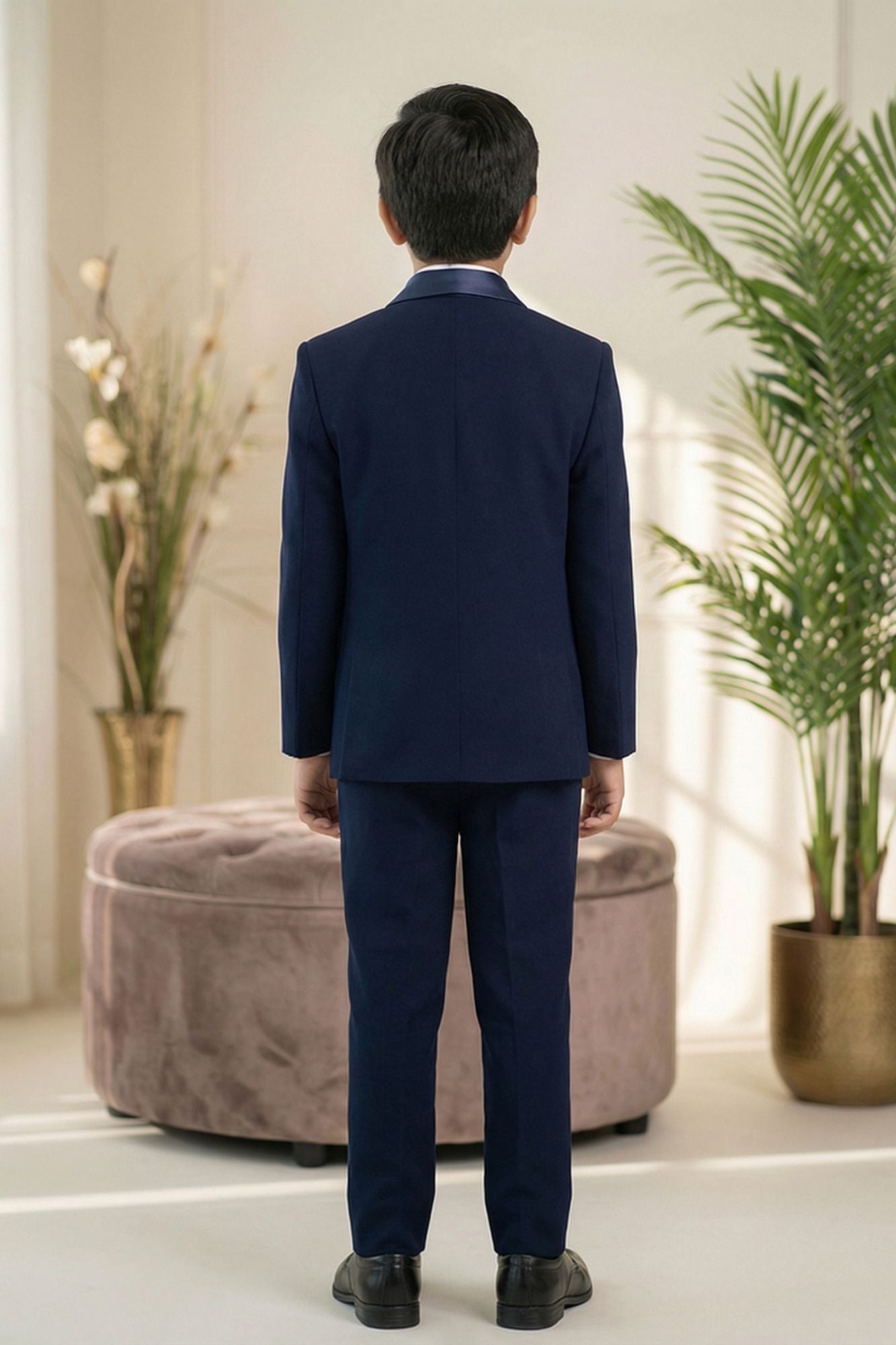 Navy Blue Embroidered 5-Piece Suit Set With Brooch For Boys