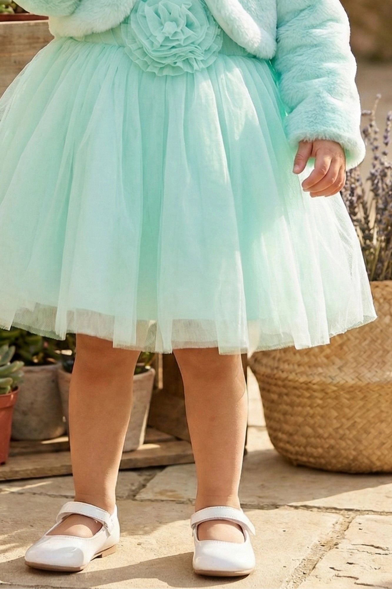 Mint Blue Party Wear Frock with Faux Fur Jacket For Girls