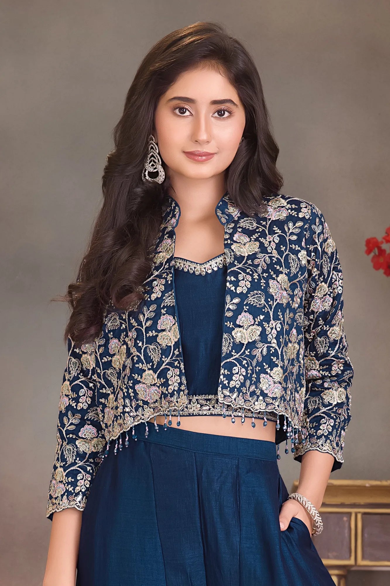 Navy Blue Embroidered Palazzo Set with Crop Top & Jacket For Girls