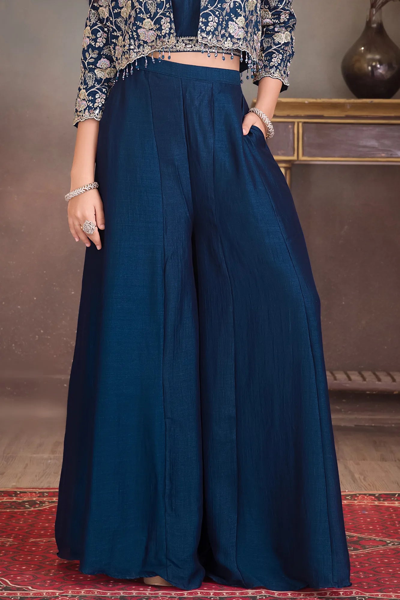 Navy Blue Embroidered Palazzo Set with Crop Top & Jacket For Girls