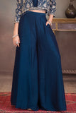 Navy Blue Embroidered Palazzo Set with Crop Top & Jacket For Girls