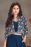 Navy Blue Embroidered Palazzo Set with Crop Top & Jacket For Girls