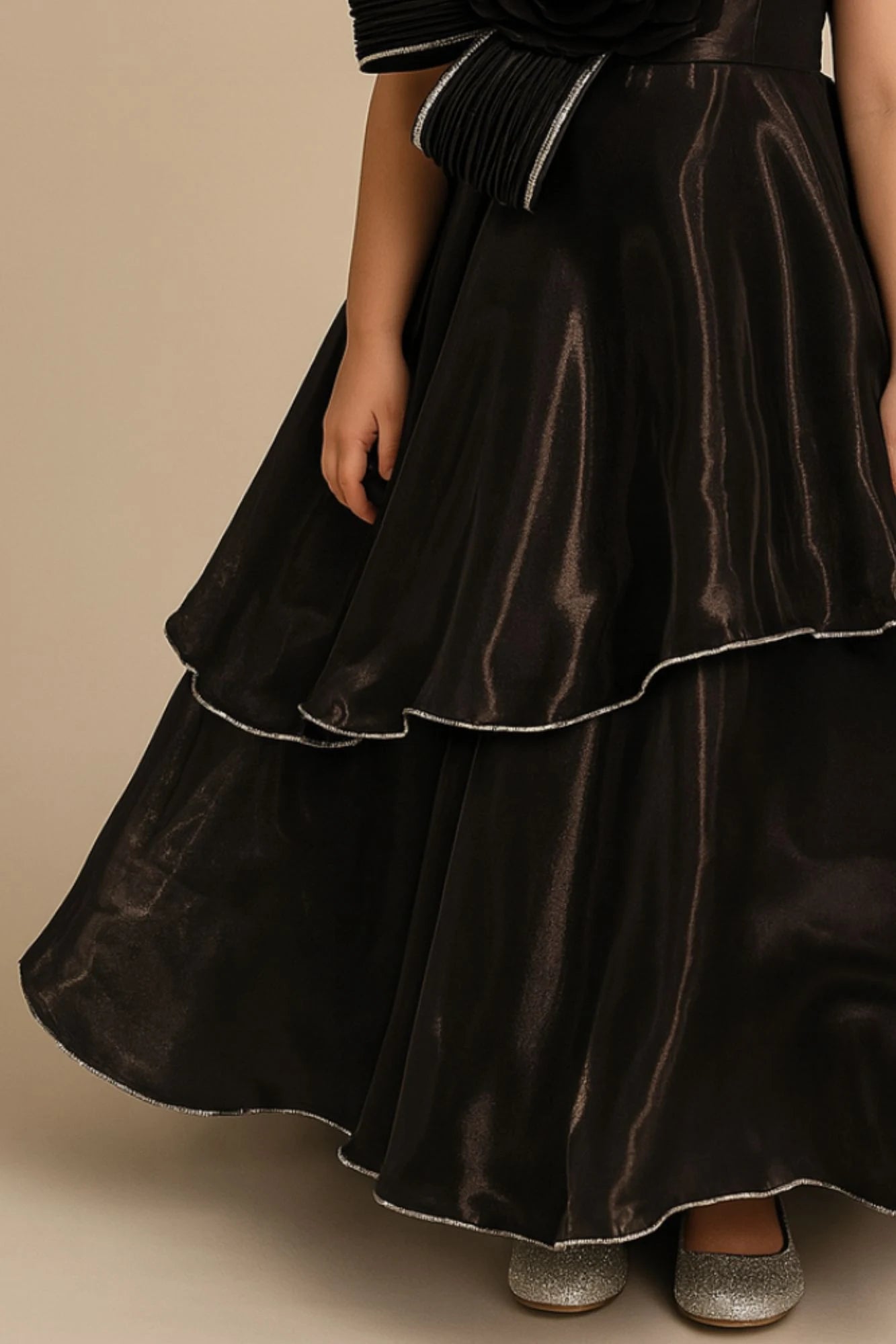 Black Layered Party Gown with Oversized Floral Appliqué For Girls