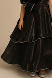 Black Layered Party Gown with Oversized Floral Appliqué For Girls