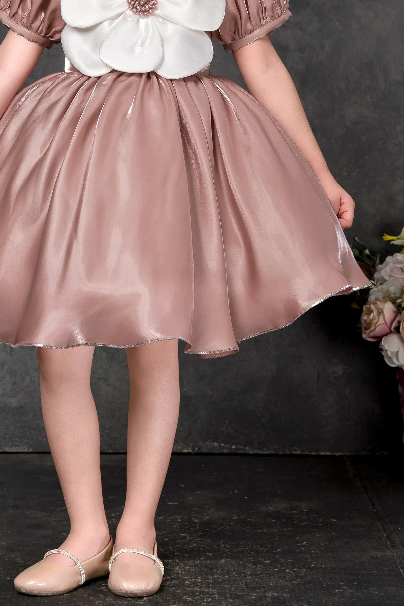Peach Party Frock with Oversized Floral Appliqué For Girls