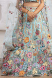 Aqua Blue 3D Floral Threadwork Lehenga Choli Set with Net Dupatta For Girls