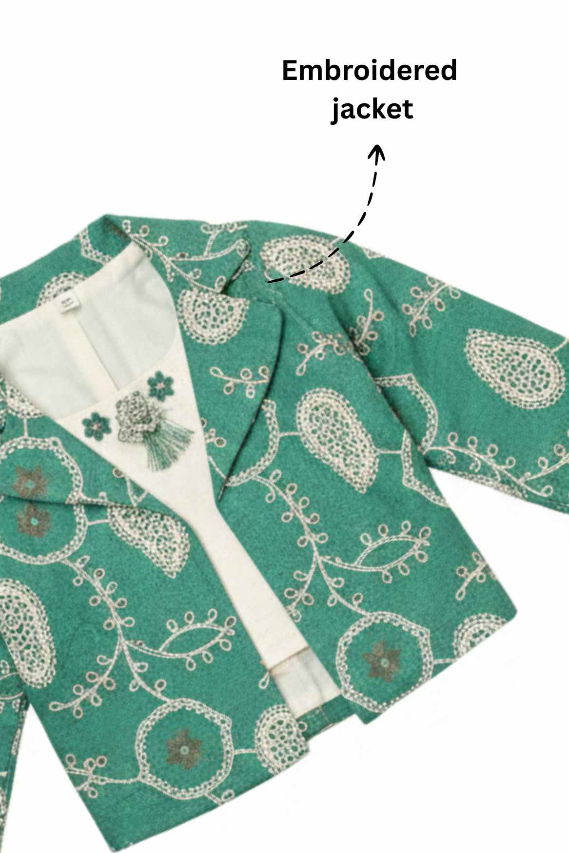 Sea Green Embroidered Jacket & Cream Co-Ord Set For Girls