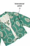 Sea Green Embroidered Jacket & Cream Co-Ord Set For Girls