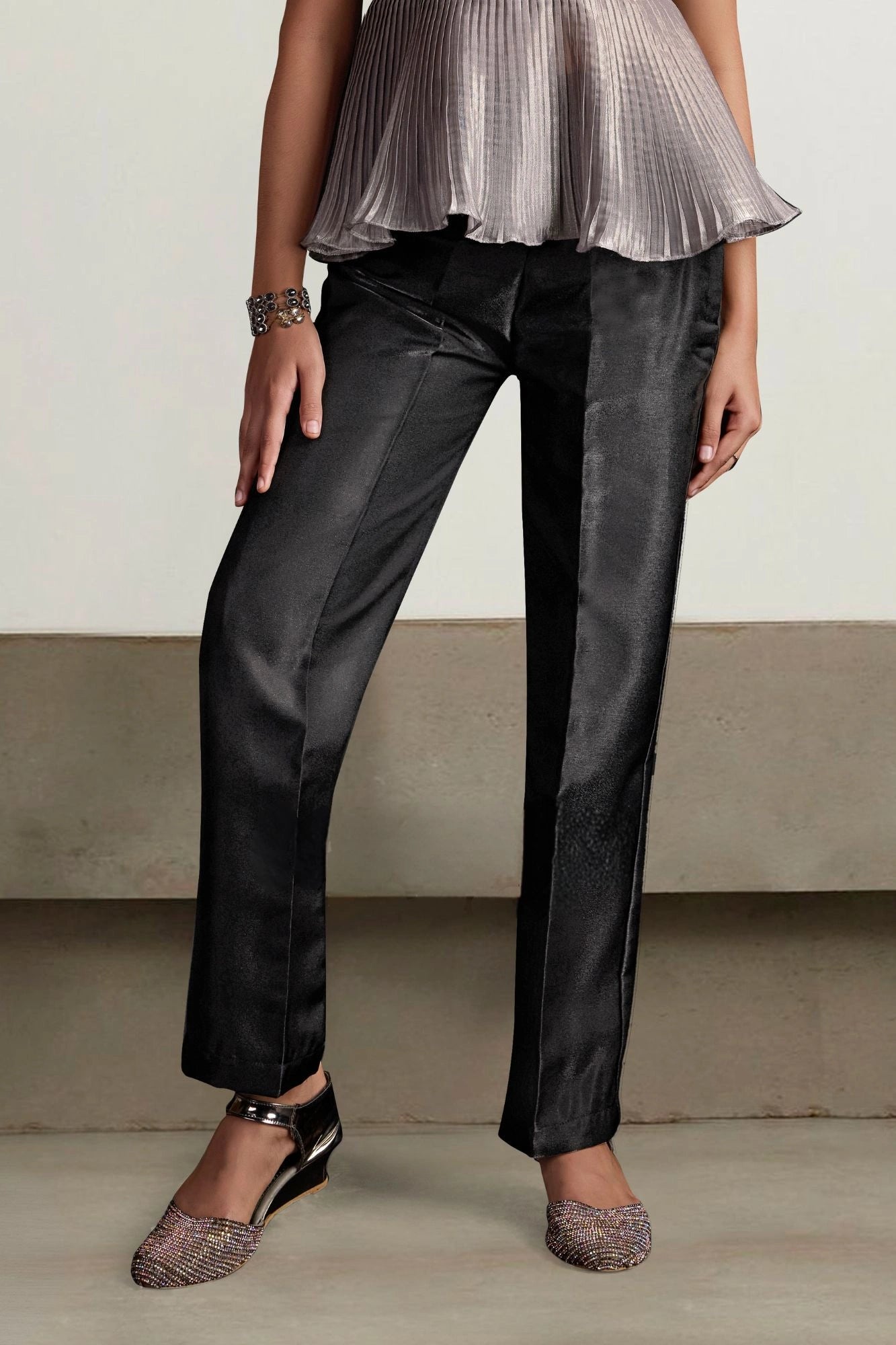Metallic Ash Grey Pleated Top with Pants For Girls
