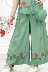 Green Embroidered Work Palazzo Set With Sling Bag For Girls