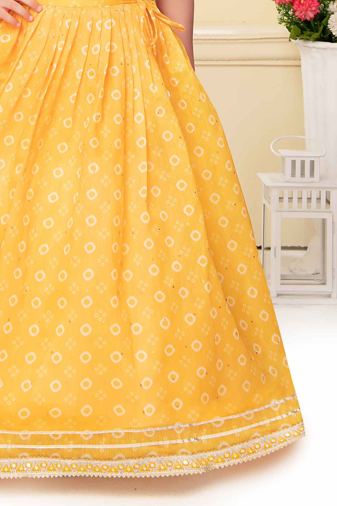 Yellow Bandhani Printed Lehenga Choli With Mirror And Embroidered For Girls