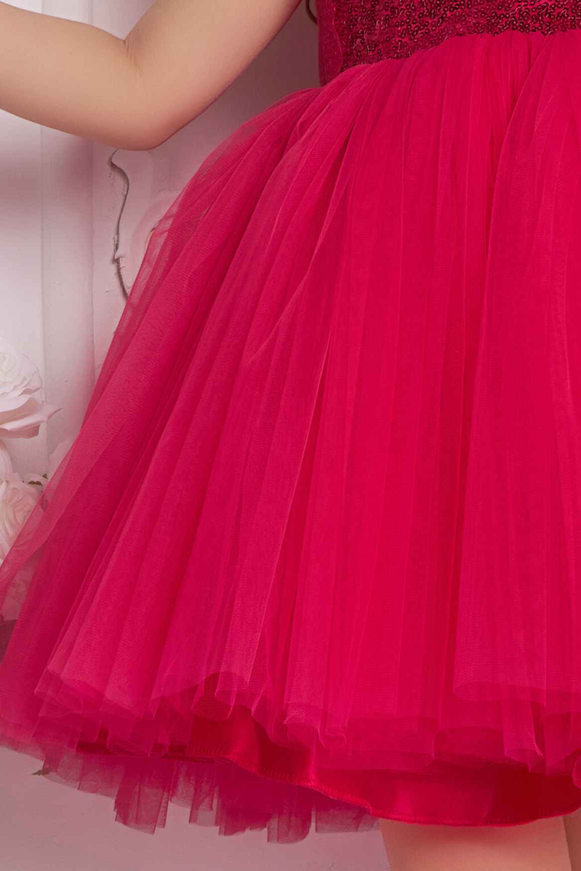 Barbie Sequined Pink Net Frock With Ruffled Sleeves For Girls