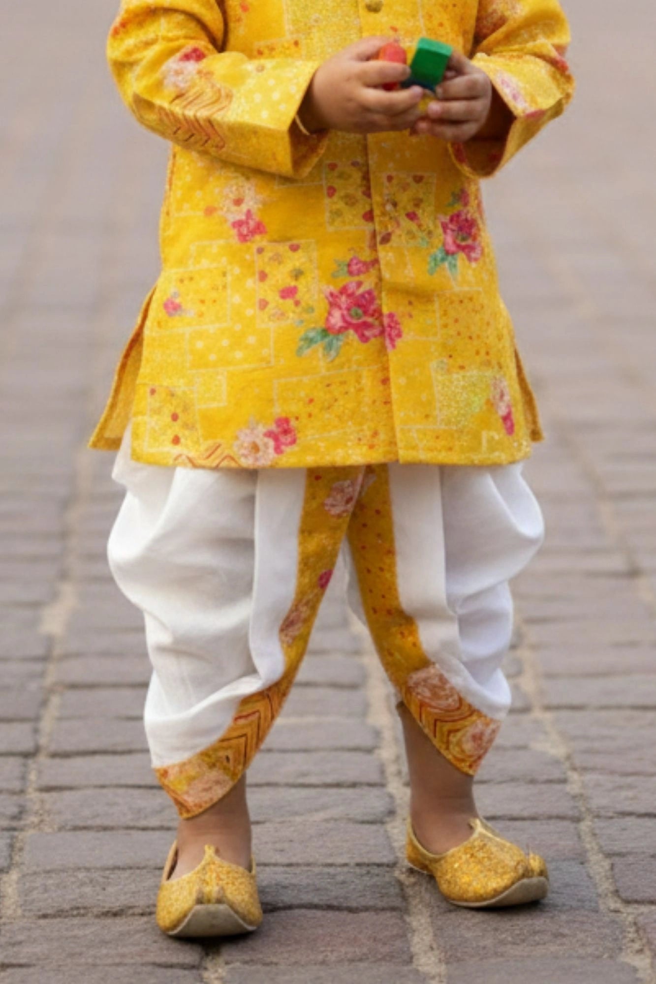 Yellow Floral Printed Kurta Dhoti Set for Boys