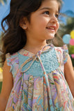 Girls Blue Dress with Multicolor Print And Embroidery Yoke