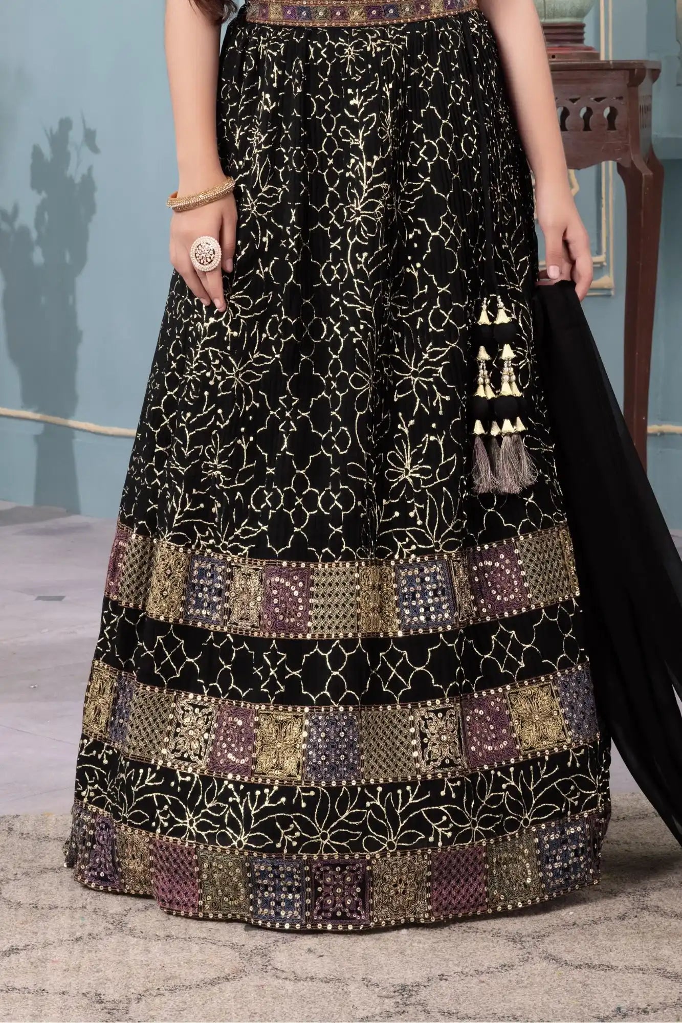 Black Thread Embroidered Lehenga Choli Set with Dupatta For Girls