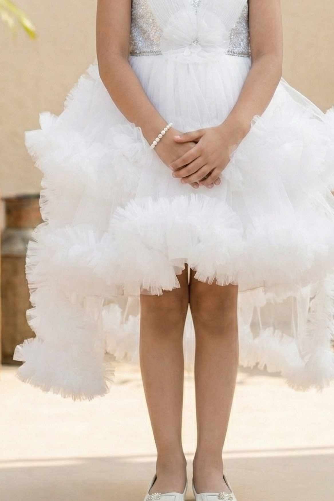 White Sequin High-Low Layered Party Frock with Bow For Girls