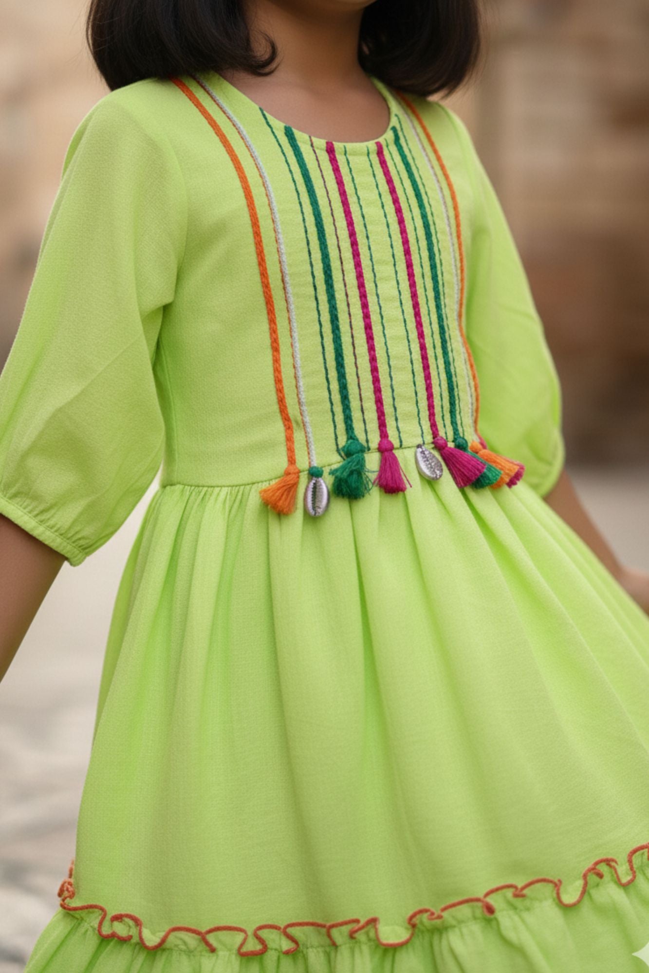 Neon Green Ruffle Tiered Dress with Multicolor Embroidery For Girls 5-6Y (26)