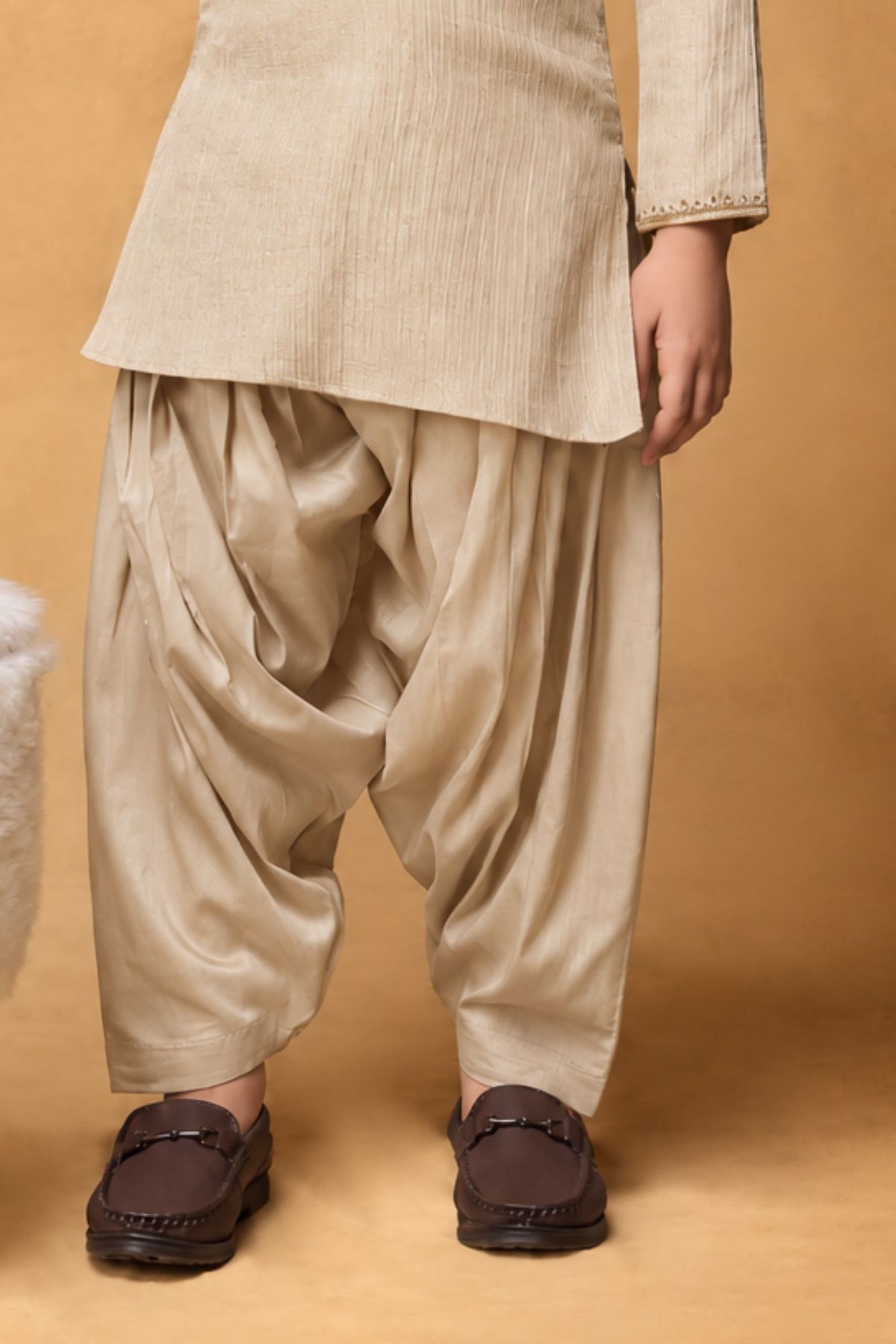 Boys Beige Zari Embroidered Kurta Dhoti Set