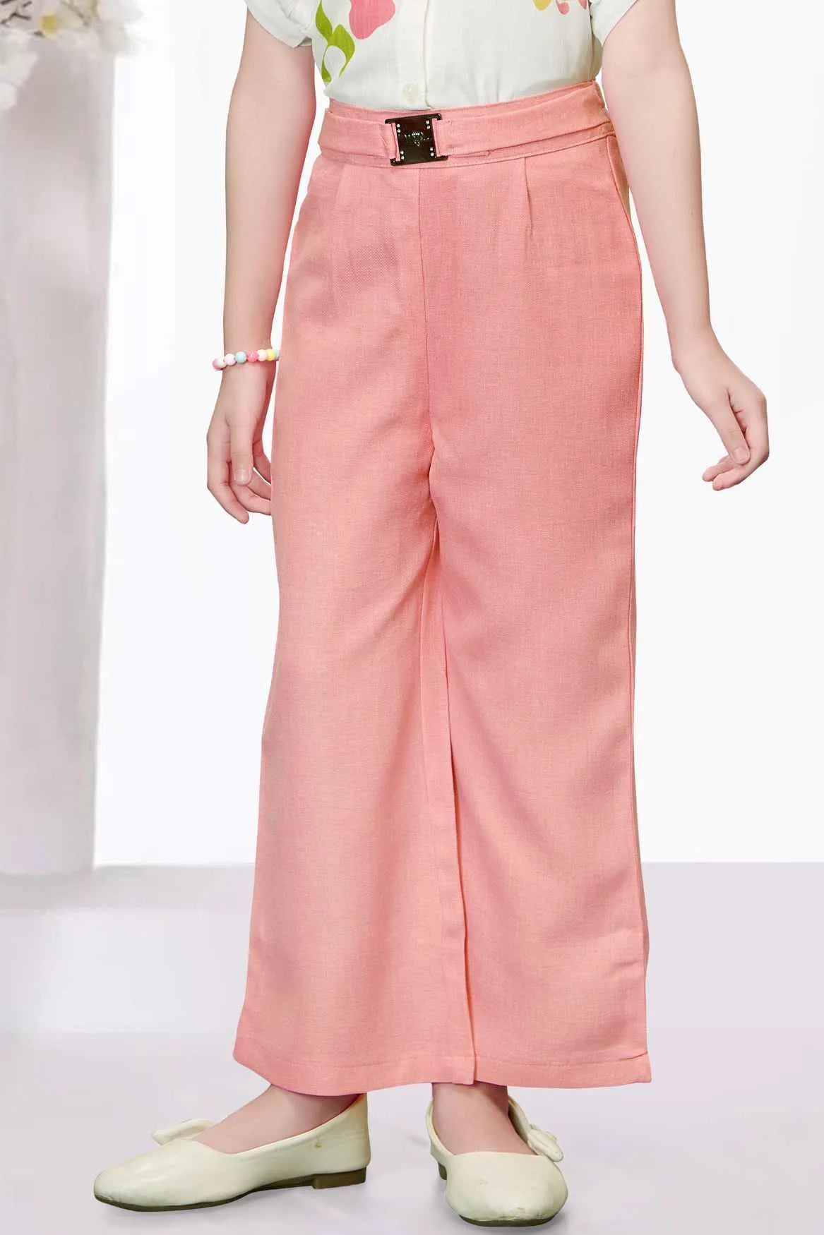 Peach Wide-Leg Pant With Floral Printed White Shirt For Girls