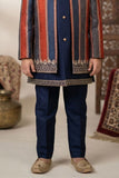 Premium Navy Blue Striped Thread Embroidered Indo Western Suit Set For Boys