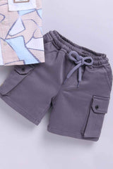 Fawn Printed Shirt And Shorts Set With White T-shirt For Boys
