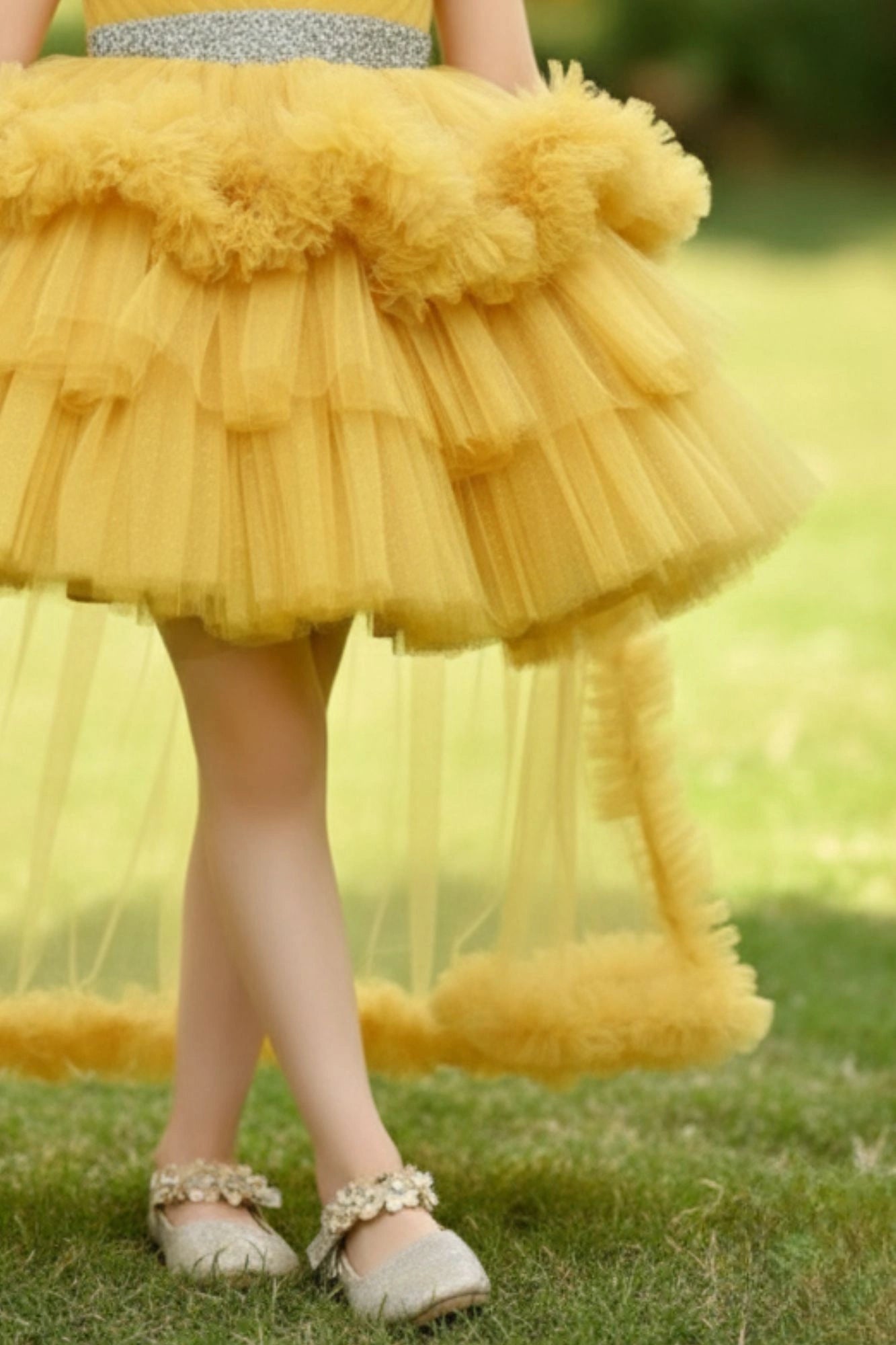 Yellow Ruffle Tailback Party Frock with Sparkle Belt For Girls