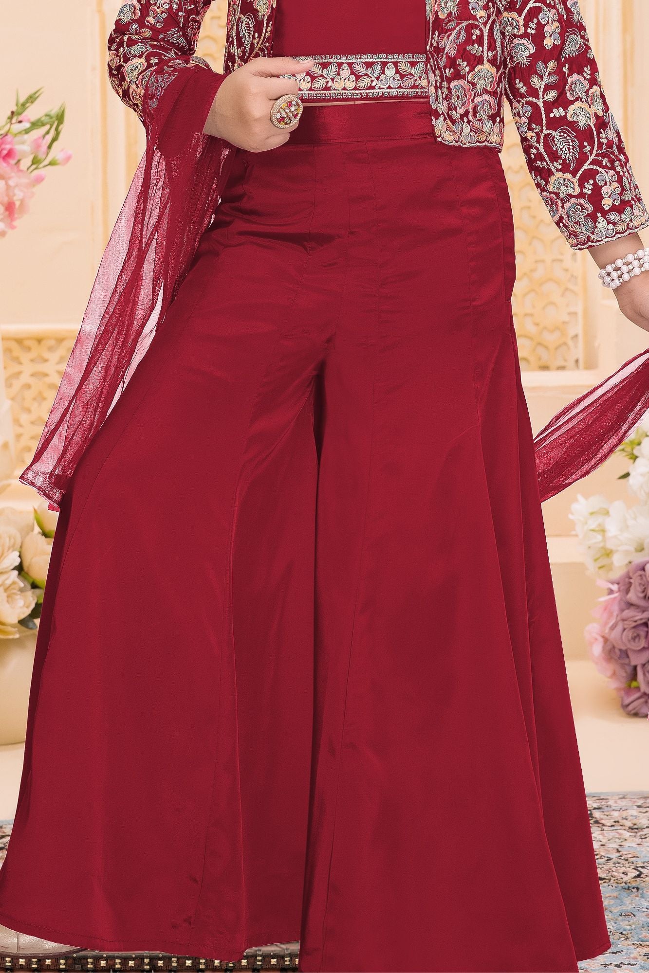 Red Embroidered 3-Piece Palazzo Set for Girls