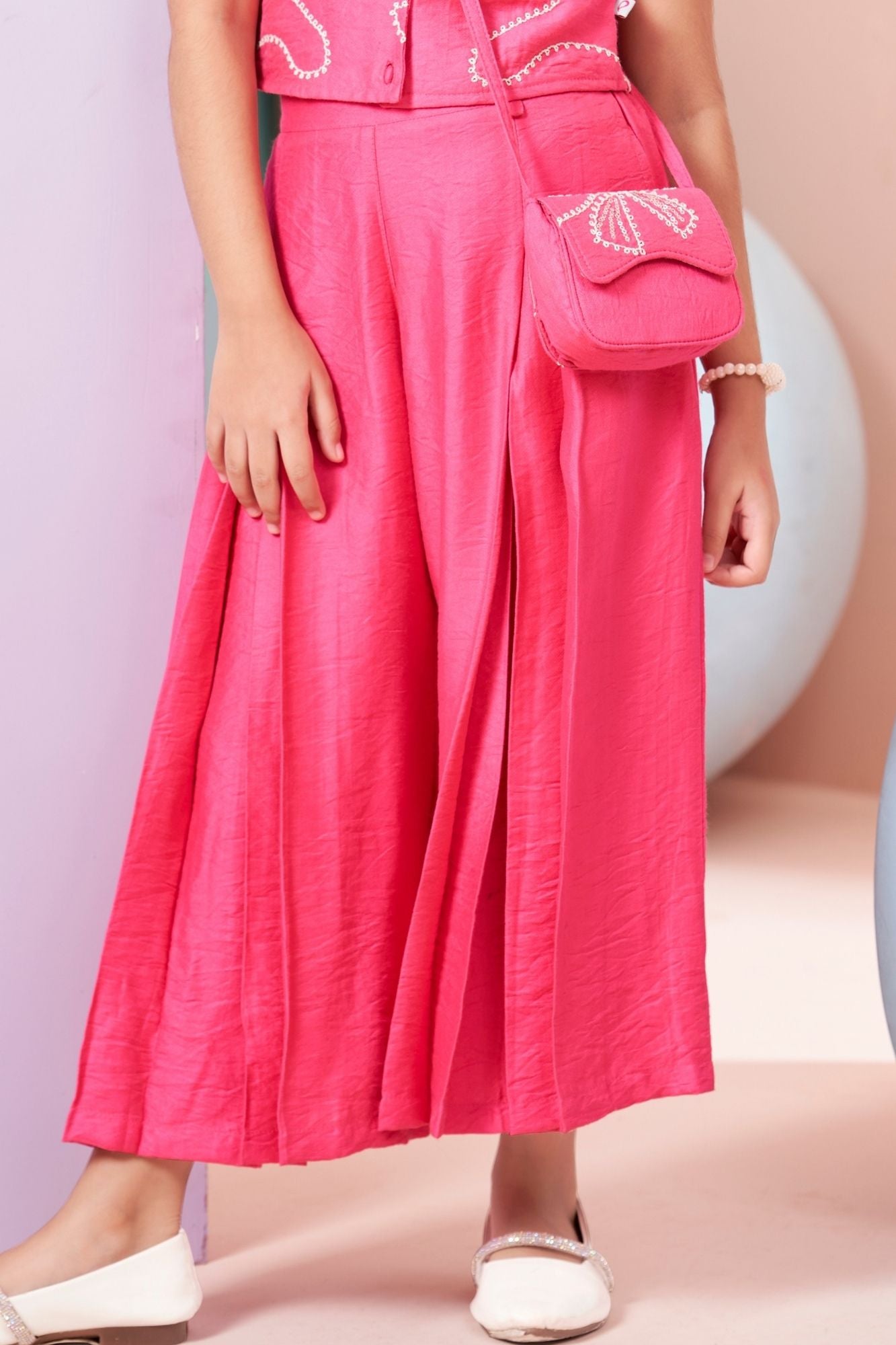 Girls Pink Embroidered Co-Ord Set with Collared Crop Top And Wide-Leg Pants