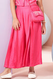 Girls Pink Embroidered Co-Ord Set with Collared Crop Top And Wide-Leg Pants