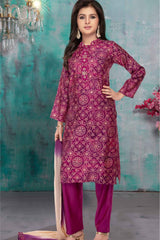 Wine Mirror Work And Printed Ethnic Kurta Set For Girls