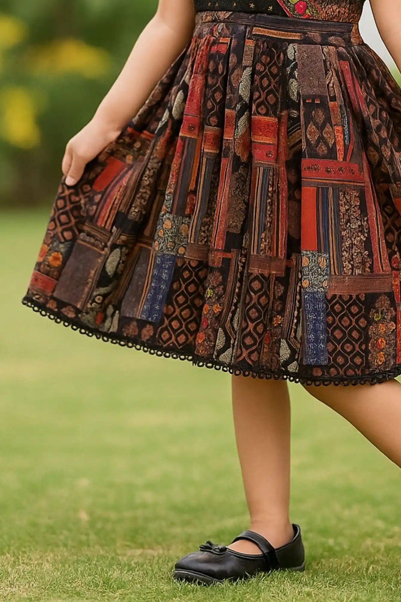 Casual Black Kalamkari-Inspired Fit And Flare Dress